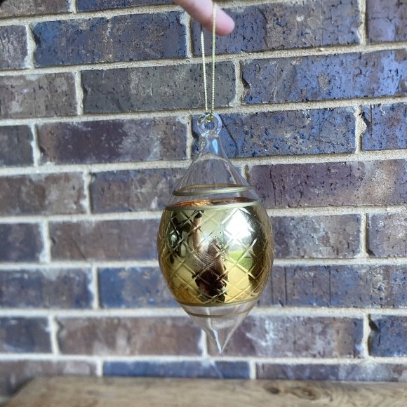 Gold Painted Clear Glass Christmas Ornament 7 Inch Long 3 Inch Wide SCRATCHED - Picture 2 of 9